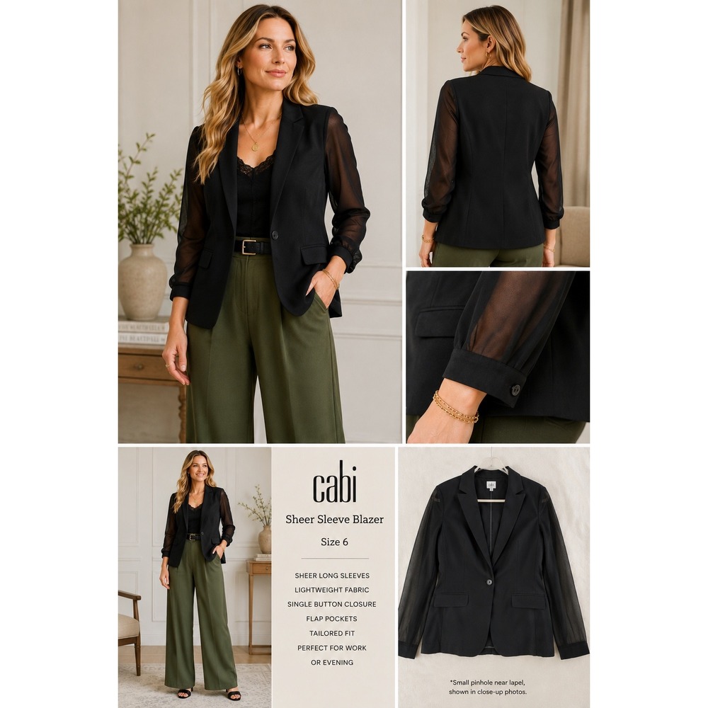 CAbi Black Sheer Sleeve Blazer Size 6 Lightweight Career Open Front